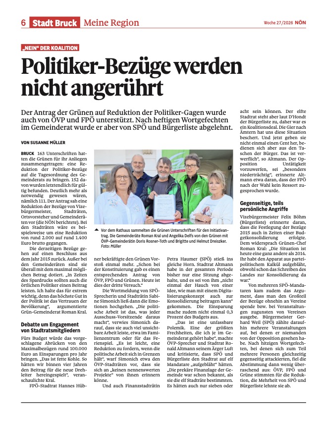SPÖ und Bürgerliste blockieren Sparbeitrag bei Politikerbezügen erneut