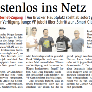 Volkspartei begrüßt gratis WLAN am Hauptplatz Bruck mit Alexander Petznek, Patrick Steger, Thomas Riegler, Leo Ortner