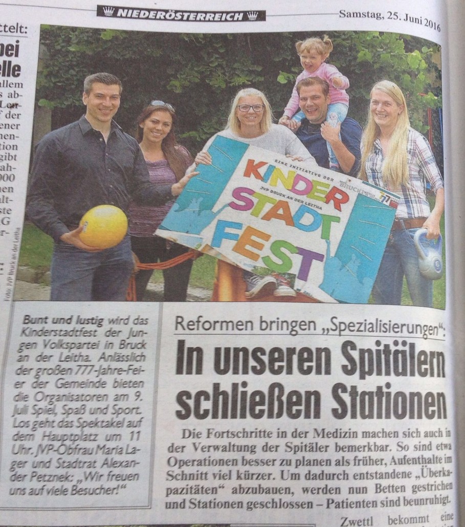 Kinderstadtfest 2016 Ankündigung in Kronen Zeitung mit Alexander Petznek, Maria Lager, Marlene Jüly, Lisa Jahner.