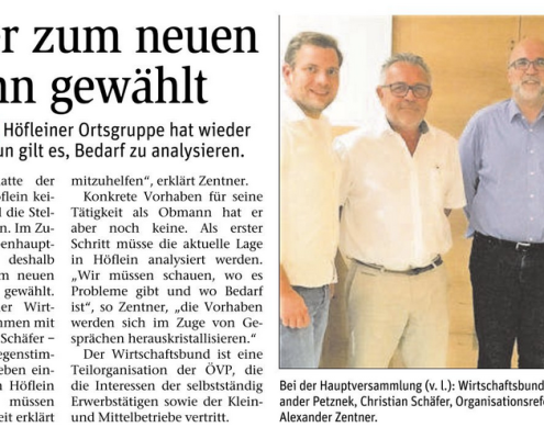 STR Alexander Petznek gratuliert Christian Schäfer und Alexander Zentner zur neuen Führung der Wirtschaftsbundortsgruppe in Höflein.