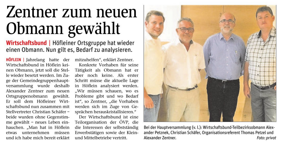 STR Alexander Petznek gratuliert Christian Schäfer und Alexander Zentner zur neuen Führung der Wirtschaftsbundortsgruppe in Höflein.