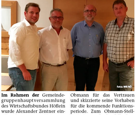 STR Alexander Petznek gratulierte Alexander Zentner als neuen Obmann der Wirschaftsbundortsgruppe Höflein.