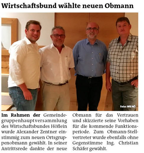 STR Alexander Petznek gratulierte Alexander Zentner als neuen Obmann der Wirschaftsbundortsgruppe Höflein.