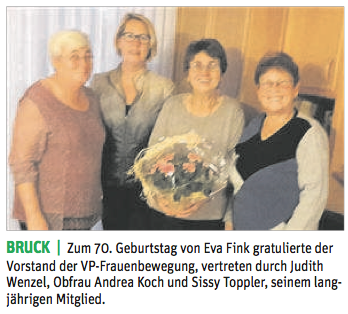 VP-Obfrau Andrea Koch gratuliert Eva Fink zum 70. Geburtstag.